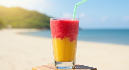 Vibrant smoothie on a beach