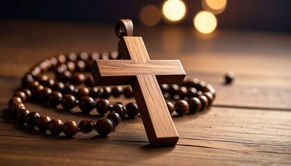 Wooden Crucifix and Rosary Beads on a Rustic Table with Religious Symbolism.