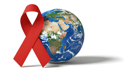 World AIDS Day concept with a red ribbon and a globe representing global awareness and solidarity. The red ribbon is a symbol of support for those living with HIV/AIDS