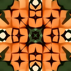 Symmetrical abstract pattern with orange cream and dark green geometric shapes and organic curves