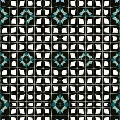 Geometric pattern with repeating black squares and teal starbursts high resolution graphic