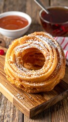 Fototapeta premium Sweet ring-shaped pastry on a wooden board with a side of jam and tea