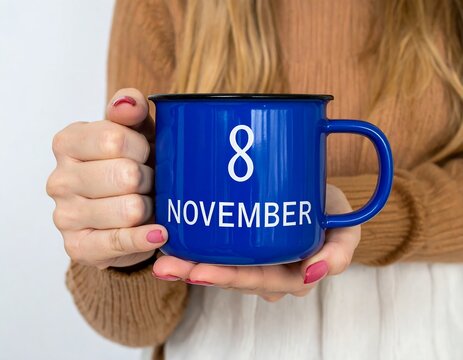 Hands holding a blue mug with the date November 8th