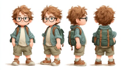 Cartoon boy wearing glasses and a backpack poses from different angles