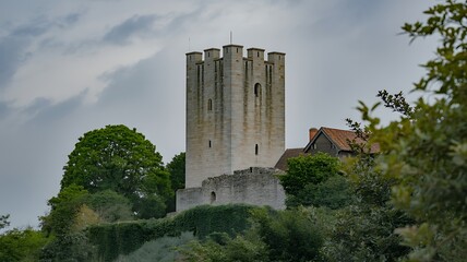 Fototapeta premium Majestic medieval stone castle tower with crenellated walls surrounded by lush greenery