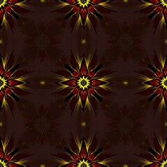Symmetrical pattern of abstract starburst shapes in vibrant yellow red and black against a deep brown background