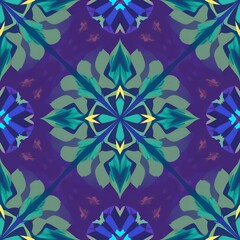 Geometric floral mandala pattern with symmetrical green blue and yellow shapes on a purple background
