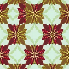Geometric floral pattern with red yellow and brown elements on a light green background