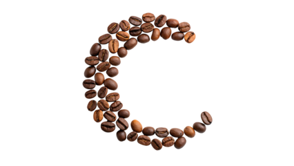 Crescent moon shape created using roasted coffee beans on a stark black background adding warmth and texture