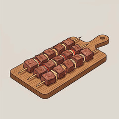 An illustration of three raw meat and vegetable kebabs prepared for grilling on a wooden cutting board.