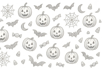 Fototapeta premium A seamless Halloween pattern featuring hand-drawn, sketchy illustrations of jack-o'-lanterns, bats, spiderwebs, moons, and candy on a white background.