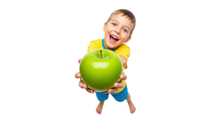 Excited boy offering a large green apple isolated on transparent background
