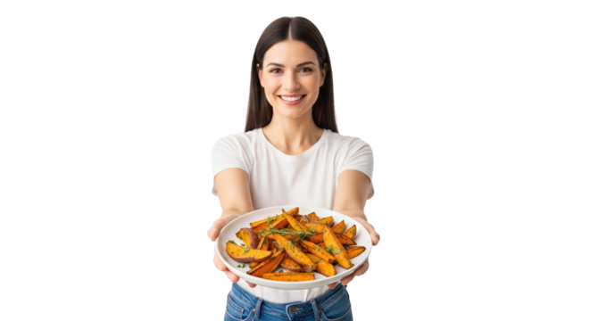 A smiling woman holds a plate of roasted potato wedges, isolated on transparent background