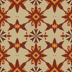 Seamless abstract pattern with starburst and floral motifs in earthy tones of brown and orange