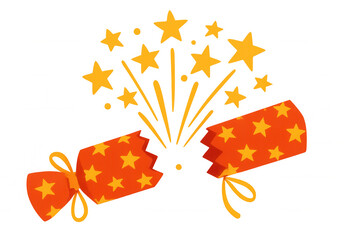 Christmas cracker pulling apart, revealing an explosion of stars, celebrating holidays and parties