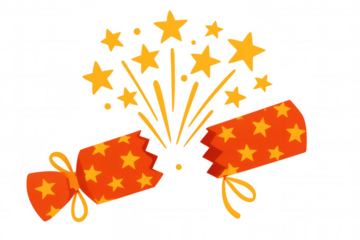 Christmas cracker pulling apart, revealing an explosion of stars, celebrating holidays and parties