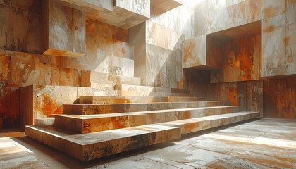 An abstract architectural interior featuring geometric shapes and a staircase bathed in sunlight. Textures of orange and brown