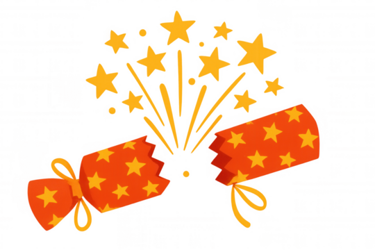Christmas cracker pulling apart, revealing an explosion of stars, celebrating holidays and parties