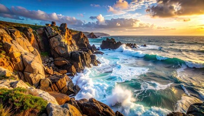 Dramatic Ocean Waves Crashing Against Rocky Coastline at Sunset with Golden Light Hitting the Rocks and Foam creating a Rugged Landscape