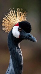 Dramatic Portrait of a Grey Crowned Crane with Elaborate Golden Crest and Dark Plumage in a Natural Outdoor Setting with Blurred Background