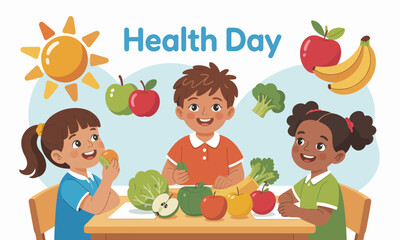 Fototapeta premium World Health Day Illustration: Children and Healthy Food