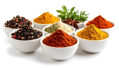 A Colorful Collection of Spices and Herbs in Bowls with on White Background.