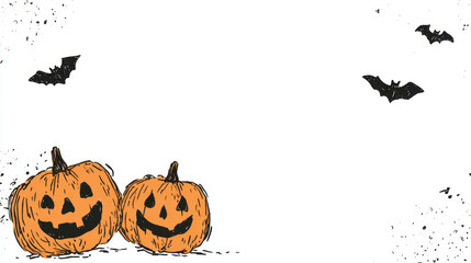 Pumpkins with carved faces sit on white background, surrounded by flying bats. This minimalist illustration captures essence of Halloween, evoking playful and spooky atmosphere