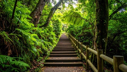 Lush forest path with wooden steps