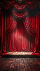 Dramatic Red Stage Curtains with Spotlight and Wooden Floor for Theatrical Performance or Elegant Event Backdrop