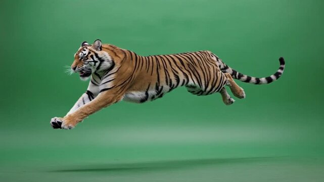 A slow-motion shot of a tiger leaping through the air, with intense facial expression and a full chroma green background