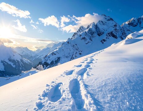 Snowy mountain path at sunset