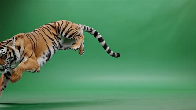 A close-up of a tiger jumping diagonally across the screen, tail trailing behind, with a flat greenscreen backdrop