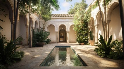 Fototapeta premium Serene Andalusian Courtyard: Architectural marvel, tranquil oasis, sun-drenched haven