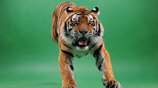 A tiger jumping straight toward the camera with an aggressive roar, recorded in front of a full-frame greenscreen