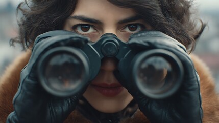 Focused Woman with Binoculars and Fur Collar Gaze, Intense Observation and Investigation