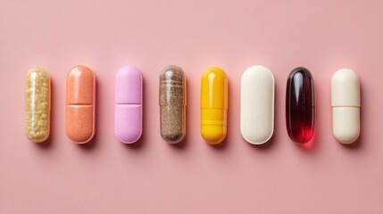 Obraz premium Close-up of aligned capsules, diverse colors, against a pale pink background