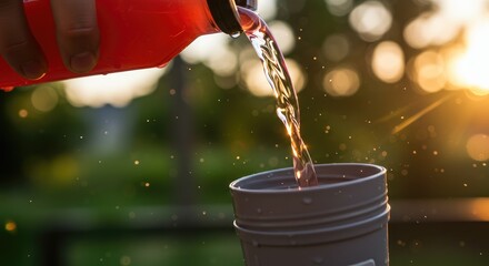 Water being poured from a red bottle into a gray cup outdoors at sunset