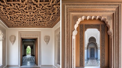 Intricate Wooden Carvings in Moroccan Palace Corridor