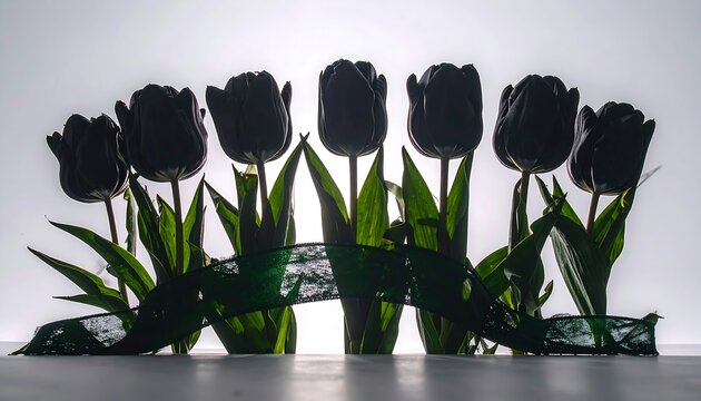 Silhouetted black tulips with a green ribbon