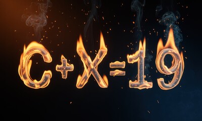 Fiery equation "C+X=19" rendered with flames and smoke on a dark background