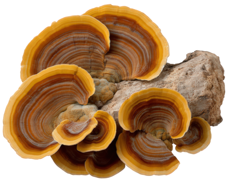 Vibrant turkey tail mushroom growing on decaying log, showcasing colorful striped pattern. wild fungi element great for natural design and clipart illustration in nature