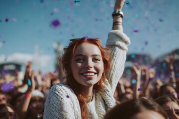 Ecstatic Young Woman with Red Hair Smiling and Laughing Amidst Falling Confetti at a Music Festival