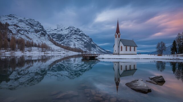 Serene alpine church reflected in a tranquil lake with majestic mountains under a dramatic sky - Powered by Adobe
