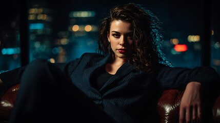Confident Young Woman in Pinstripe Suit Posing on Leather Couch with City Night Lights