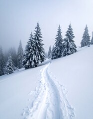 Fototapeta premium Snowy mountain path through frosted trees