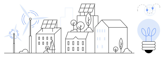 Urban landscape with buildings, solar panels, wind turbines, trees, and glowing eco-friendly light bulb. Ideal for energy, sustainability, urban planning, technology innovation green living