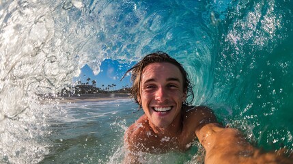 Exhilarated Young Man Taking Selfie Inside a Crashing Ocean Wave on a Sunny Beach Day