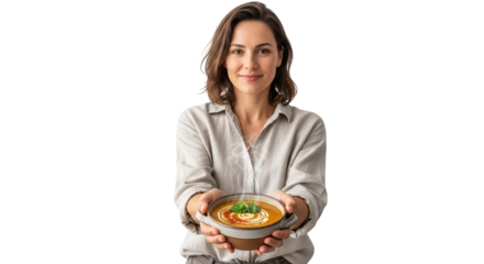 Woman holding a bowl of hearty vegetable soup with cream swirl, isolated on transparent background