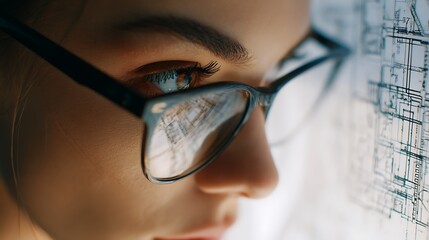 Close-up of Female Architect's Eye and Glasses Reflecting Blueprint Designs and Plans