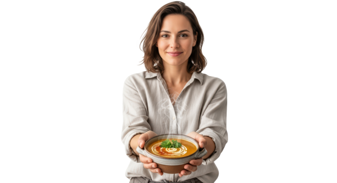 Woman holding a bowl of hearty vegetable soup with cream swirl, isolated on transparent background